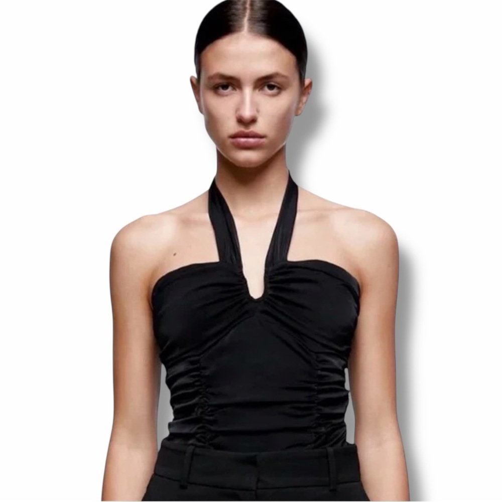 NWT Zara Black Ruched Halter Bodysuit M